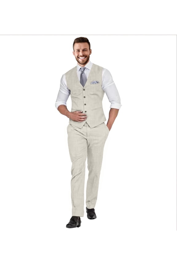 Men's Slim Fit Linen Suit Set: 2-Piece Vest & Pant for Beach Wedding, Summer, Casual & Formal Occasions