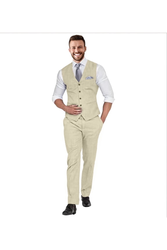 Men's Slim Fit Linen Suit Set: 2-Piece Vest & Pant for Beach Wedding, Summer, Casual & Formal Occasions