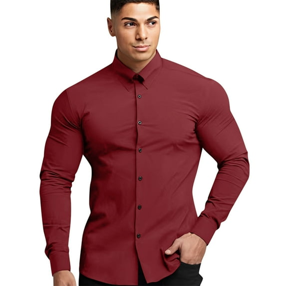 Men's Slim Fit Long Sleeve Dress Shirt - Stretch -Free Polyester Spandex, Button Down, Business Casual, 41-46 Sizes