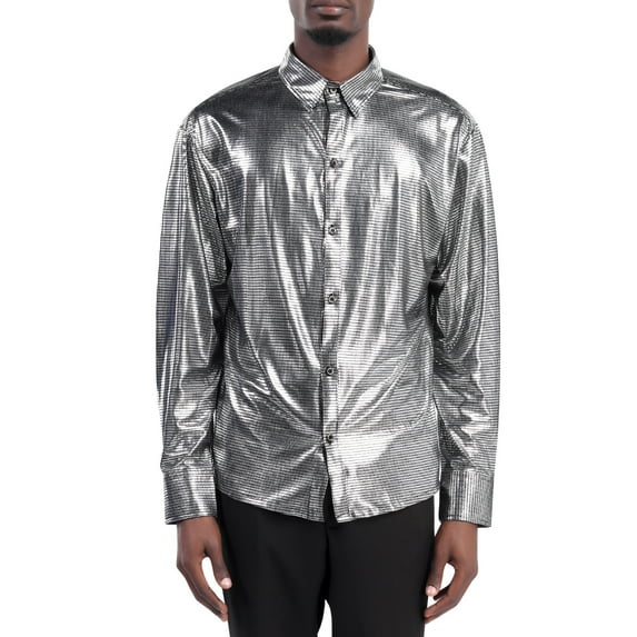 Men's Slim Fit Long Sleeve Glossy Gilded Lapel Dress Shirts Tops