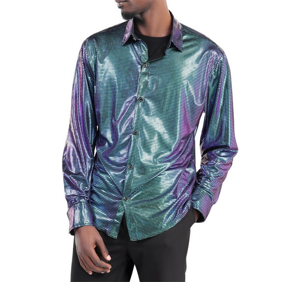 Cloudstyle Men's Slim Fit Long Sleeve Glossy Gilded Lapel Dress Shirts