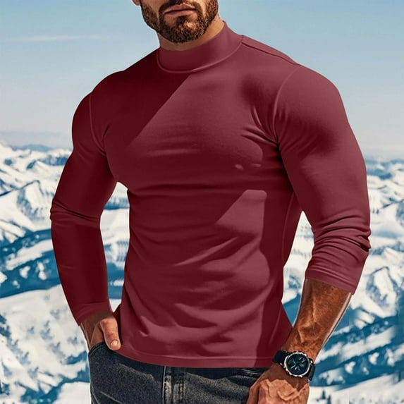 Men's Slim Fit Long Sleeve Shirts Mock High Neck Base Tees Lightweight Moisture Wicking Athletic Casual Tops (3XL, Red)