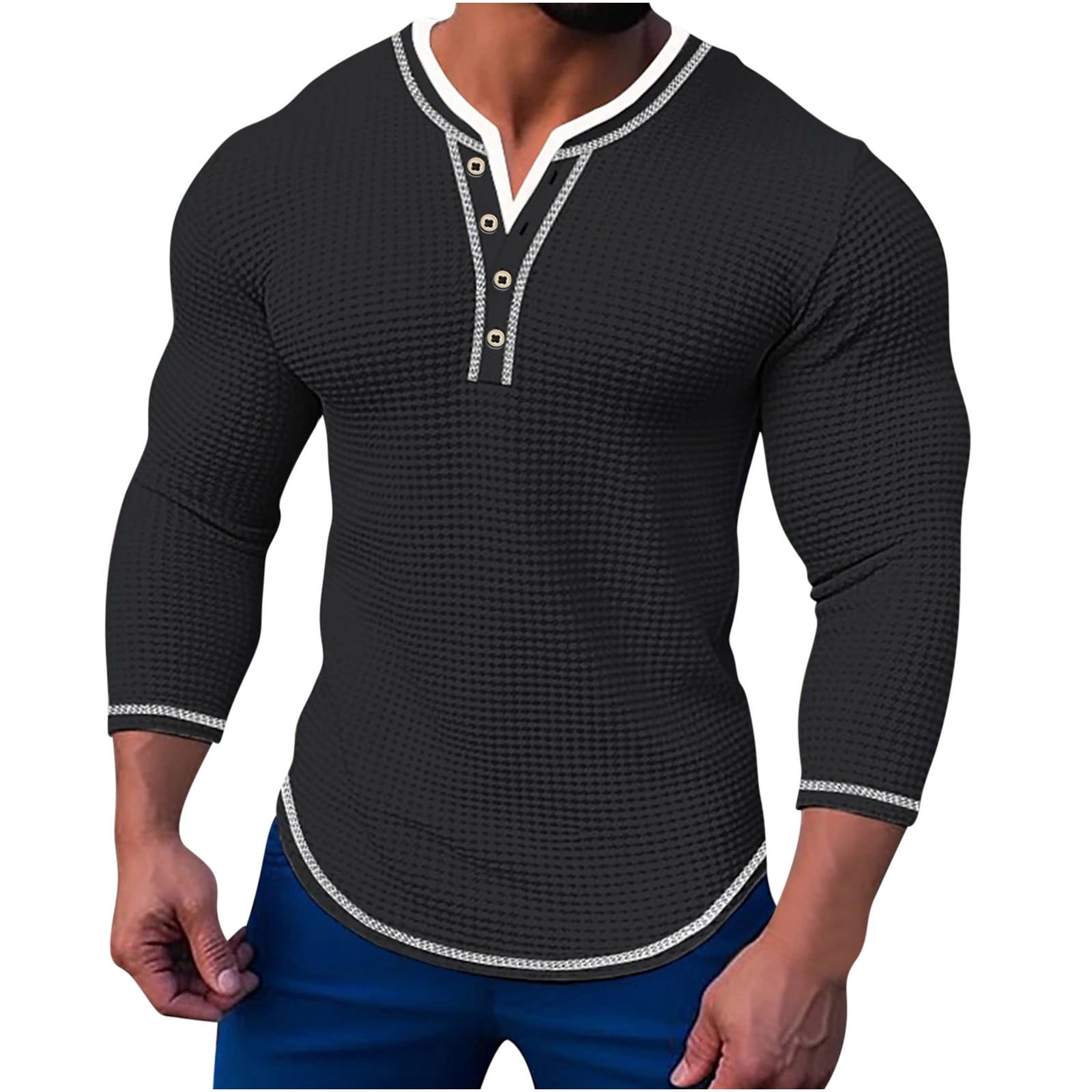 Men's SlimFit LongSleeve Waffle Henley Shirt Mens Basic Waffle Pique