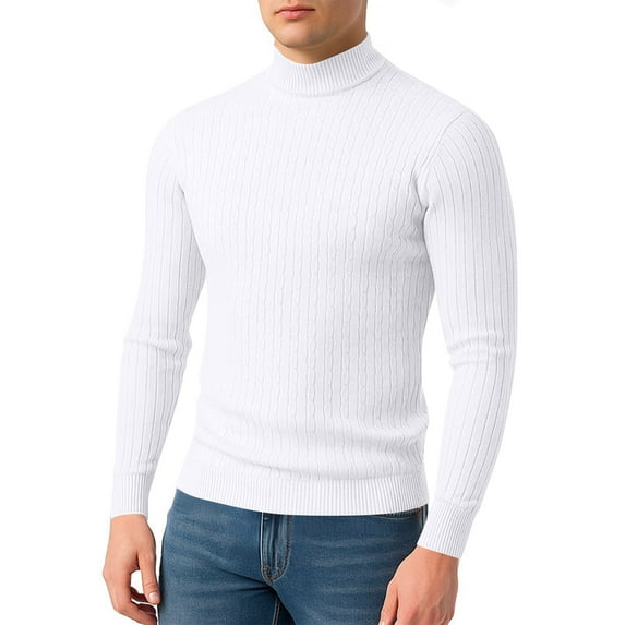 Men's Slim Fit Mock Neck Cable Knit Sweater Casual Long Sleeve Ribbed Pullover