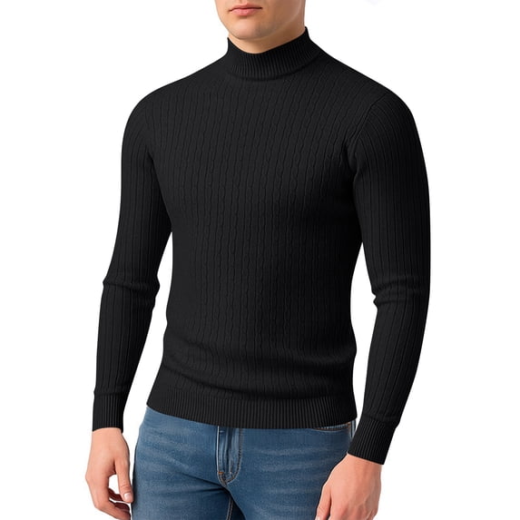 Men's Slim Fit Mock Neck Cable Knit Sweater Casual Long Sleeve Ribbed Pullover