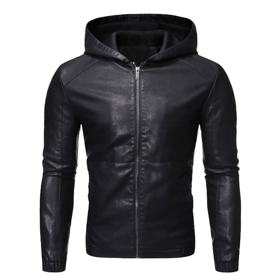 Men's Slim Fit PU Leather Jacket with Hood for Autumn Winter Casual Wear Lightweight Padded Coat Windproof