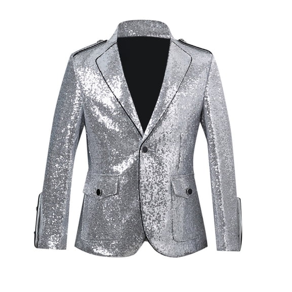 Men's Slim Fit Performance Suit Jacket Silver Sequin Stage Stylish Formal Tuxedo Coat for Gala Events