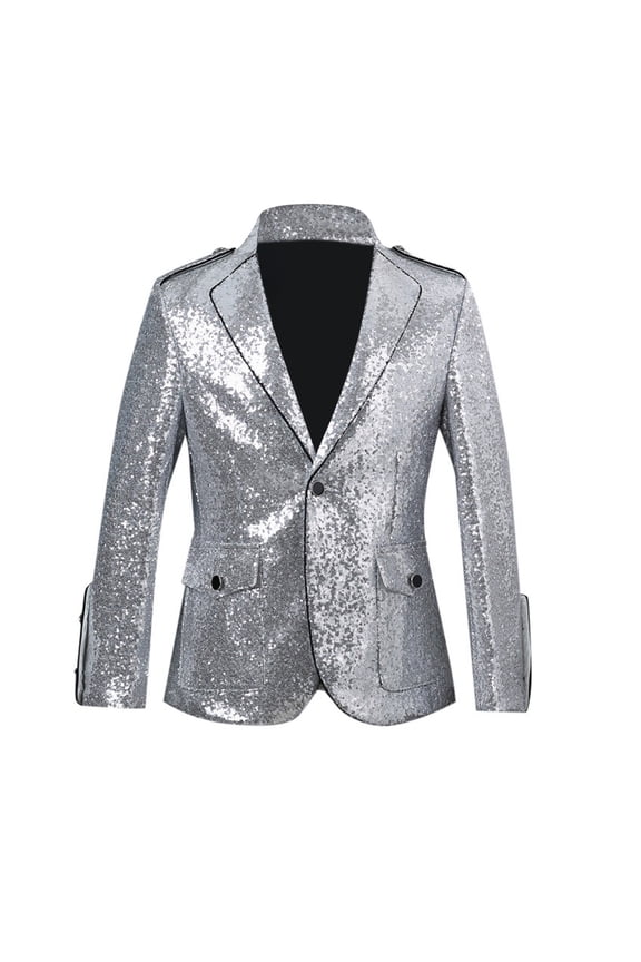 Men's Slim Fit Performance Suit Jacket Silver Sequin Stage Stylish Formal Tuxedo Coat for Gala Events