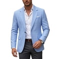 thumbnail image 1 of Men's Slim Fit Plaid Blazer One Button Notched Lapel Sport Coat Windowpane Check Dress Jacket Flap Pockets for Business Casual Work Office, Blue, L, 1 of 8