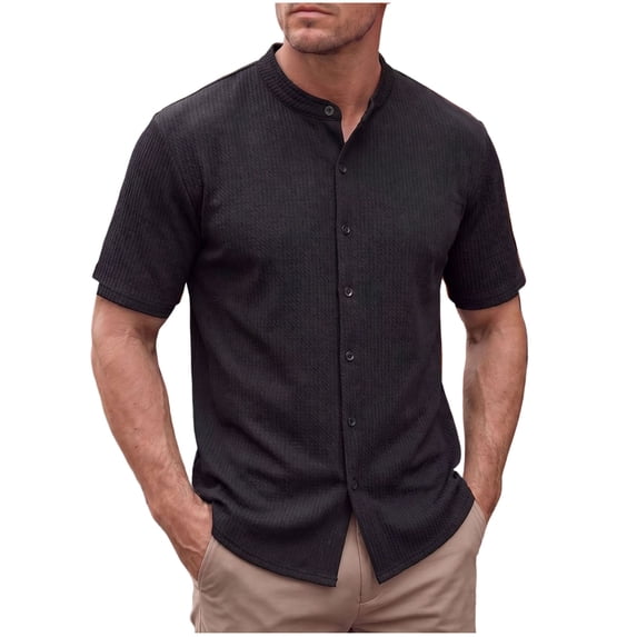 Men's Slim Fit Polo Shirts Short Sleeve Breathable Stand up Collar Button Down Golf Shirts Ribbed Knit Soft Cotton Tops Sizes S-2XL Black