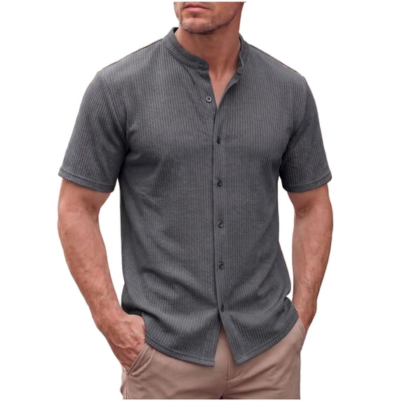Men's Slim Fit Polo Shirts Short Sleeve Breathable Stand up Collar Button Down Golf Shirts Ribbed Knit Soft Cotton Tops Sizes S-2XL Gray