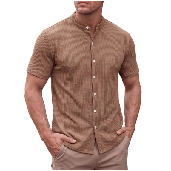 Men's Slim Fit Polo Shirts Short Sleeve Breathable Stand up Collar Button Down Golf Shirts Ribbed Knit Soft Cotton Tops Sizes S-2XL Khaki