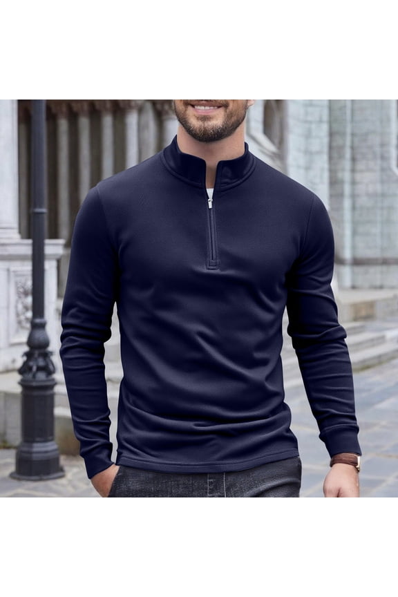 Men's Slim Fit Quarter Zip Mock Neck Pullover Sweater Casual Basic Long Sleeve Knit Stylish Sweatshirts Undershirt Tops (S, Navy)