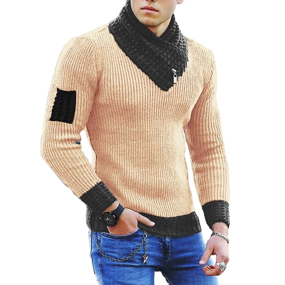 Men's Slim Fit Ribbed Knit Sweater with Zip Shawl Collar Casual Pullover Top