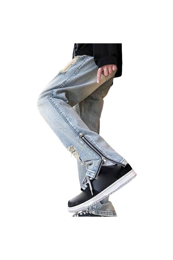 Men's Slim Fit Ripped Denim Jeans with Leg Zip Detail Stretch Comfortable Casual Trousers for Daily Wear