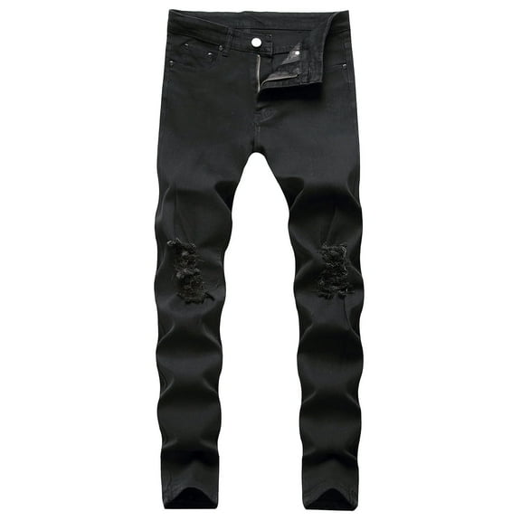 Juicy Trendz Men’s Distressed Ripped Jeans – Regular Fit Stretch Denim Pants with Knee Holes, Lightweight Biker Streetwear Style Black W30 X L34