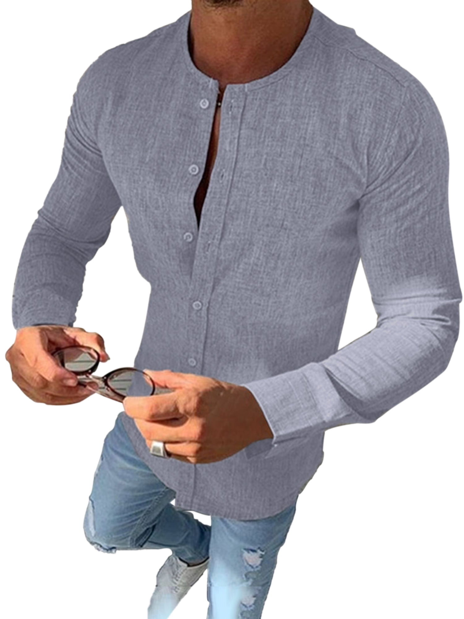 Men's Slim Fit Round Neck Long Sleeve Muscle Cotton Linen T-shirt