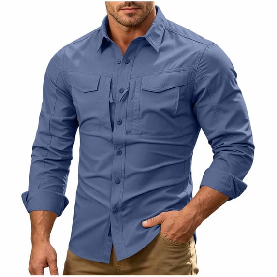 Men's Slim Fit Safari Shirt Outdoor Hiking Fishing Button Down Long Sleeve Tactical Work Shirts with Pockets