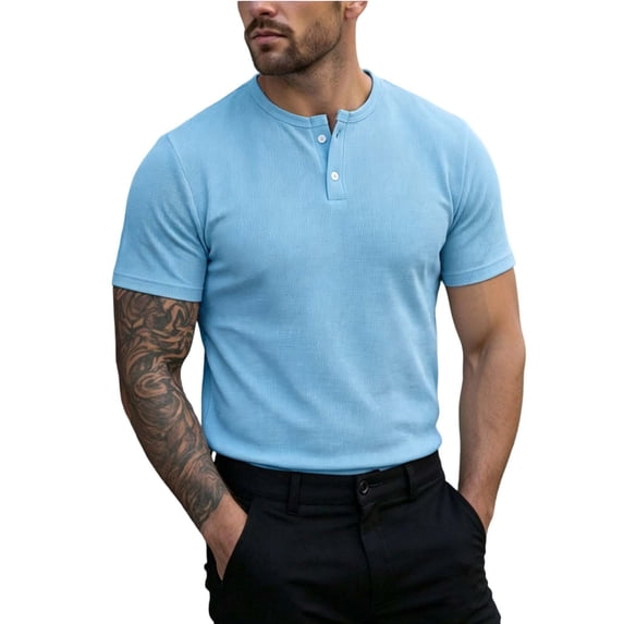 Men's Slim Fit Short Sleeve Waffle Henley T-Shirts Casual 2 Button Crew Neck Texture Tee Summer Quick Dry Fashion Outfits for Father