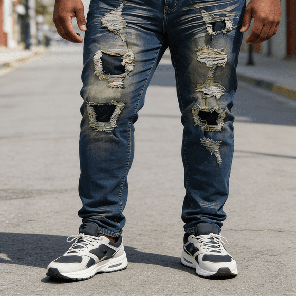 Men's Blue Distressed Skinny Stretch Jeans: Ripped Patch Denim | Comfort Flex Fabric, Standard (30-40) & Big & Tall (1XL-6XL) Sizing
