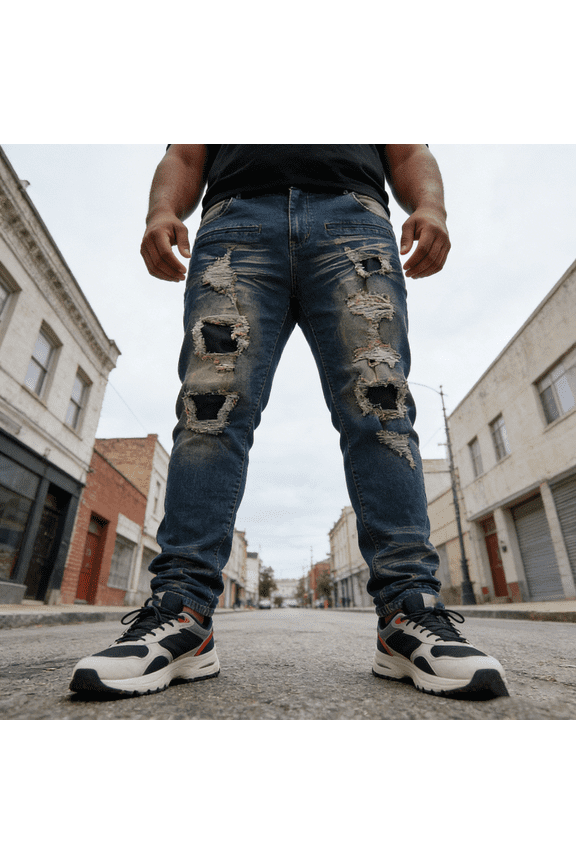 Men's Blue Distressed Skinny Stretch Jeans: Ripped Patch Denim | Comfort Flex Fabric, Standard (30-40) & Big & Tall (1XL-6XL) Sizing