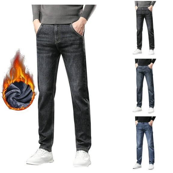 Men's Slim Fit Stretch Jeans Lined High Waisted Jeans Thick Warm Winter Jean Denim Pants, Grey, Size 31