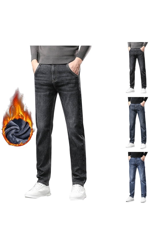 Men's Slim Fit Stretch Jeans Lined High Waisted Jeans Thick Warm Winter Jean Denim Pants, Grey, Size 34