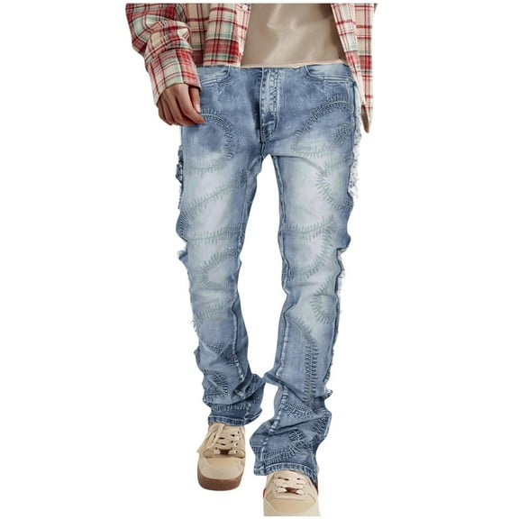 Men's Slim Fit Stretch Jeans Ripped Skinny Jeans for Men, Distressed Straight Leg Fashion Comfort Flex Waist Pants Blue S