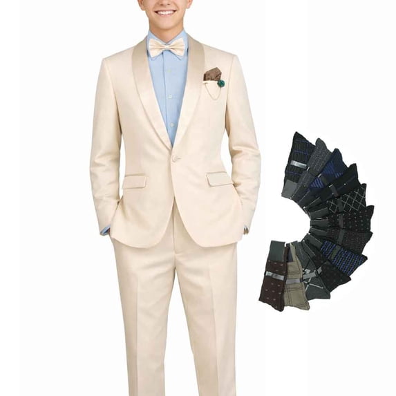 Men’s Slim‑Fit Stretch Tuxedo Set with Bow Tie, Built‑In Pocket Square & Socks-Champagne 36S