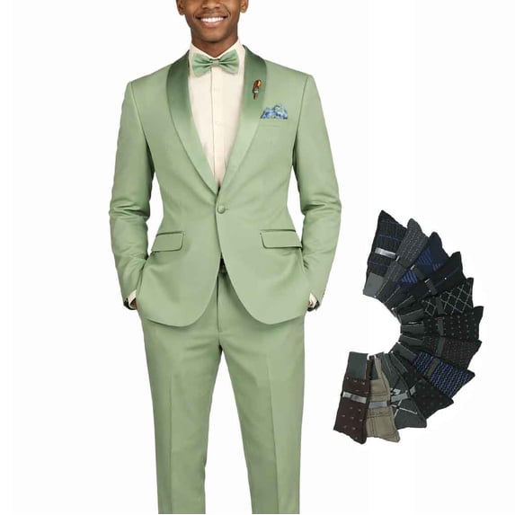 Men’s Slim‑Fit Stretch Tuxedo Set with Bow Tie, Built‑In Pocket Square & Socks-Sage 48L