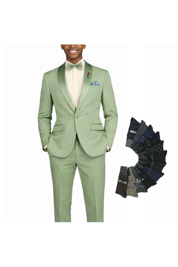 Men’s Slim‑Fit Stretch Tuxedo Set with Bow Tie, Built‑In Pocket Square & Socks-Sage 48R
