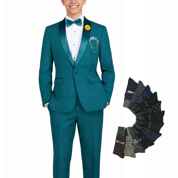 Men’s Slim‑Fit Stretch Tuxedo Set with Bow Tie, Built‑In Pocket Square & Socks-Teal 36R