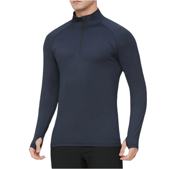 Men's Slim Fit Sun Shirt UPF 50+ Sun-Protection High Neck Tshirts 1/4 Zip Pullover Workout Long Sleeve Athletic Tees (XL, Navy)