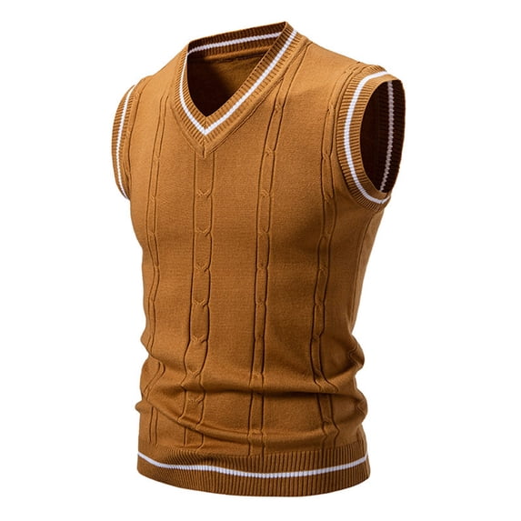 Men's Slim Fit V-Neck Cable Knit Sweater Vest Casual Striped Trim Pullover Tank Top