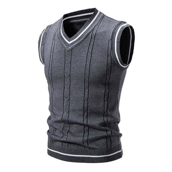 Men's Slim Fit V-Neck Cable Knit Sweater Vest Casual Striped Trim Pullover Tank Top