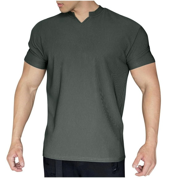Men's Slim Fit V-Neck Casual Shirt Short Sleeve Henry Shirt Fashion Sports Quick Dry Top