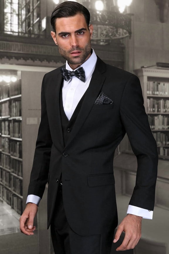 Men's  Slim Fit Vested Wool Suit Black 50 Long