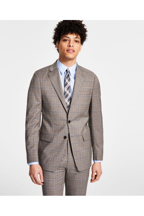 Men's Slim-Fit Wool Stretch Suit Jacket Brown Plaid 38R