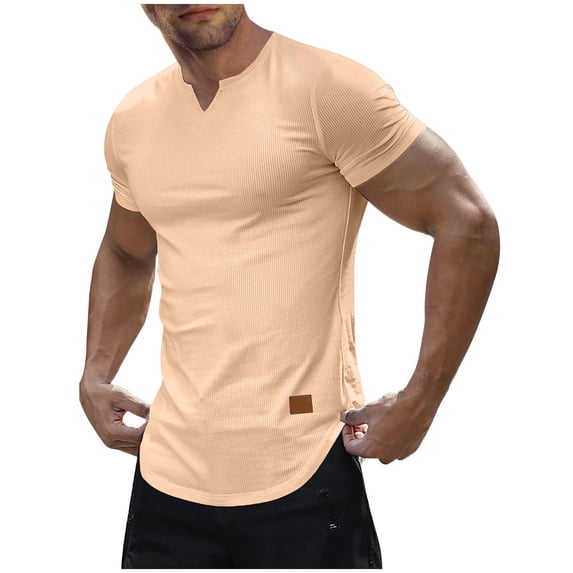 Men's Slim Fits T-Shirts Classic V-Neck Short Sleeve Textured Shirt Gym Workout Sport Tee Basic Tops,Khaki,XXL