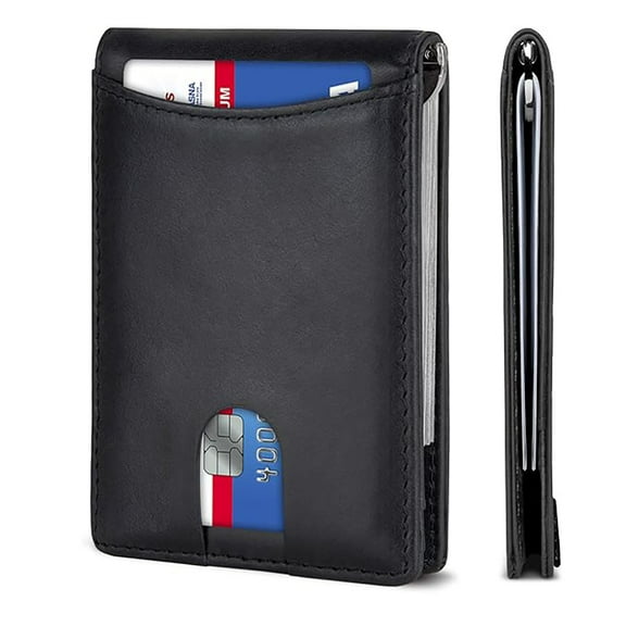 Men's Slim Leather Bifold Wallet with Money Clip & Credit Card Slots - Front Pocket Design.(Black)