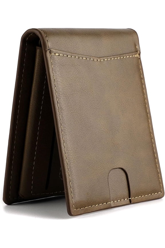 Men's Slim RFID Leather Wallet with 2 ID Windows Minimalist Bifold Wallet fwor Men PU Leather Front Pocket Card Holder Extra Capacity Travel Wallet Flap Pocket