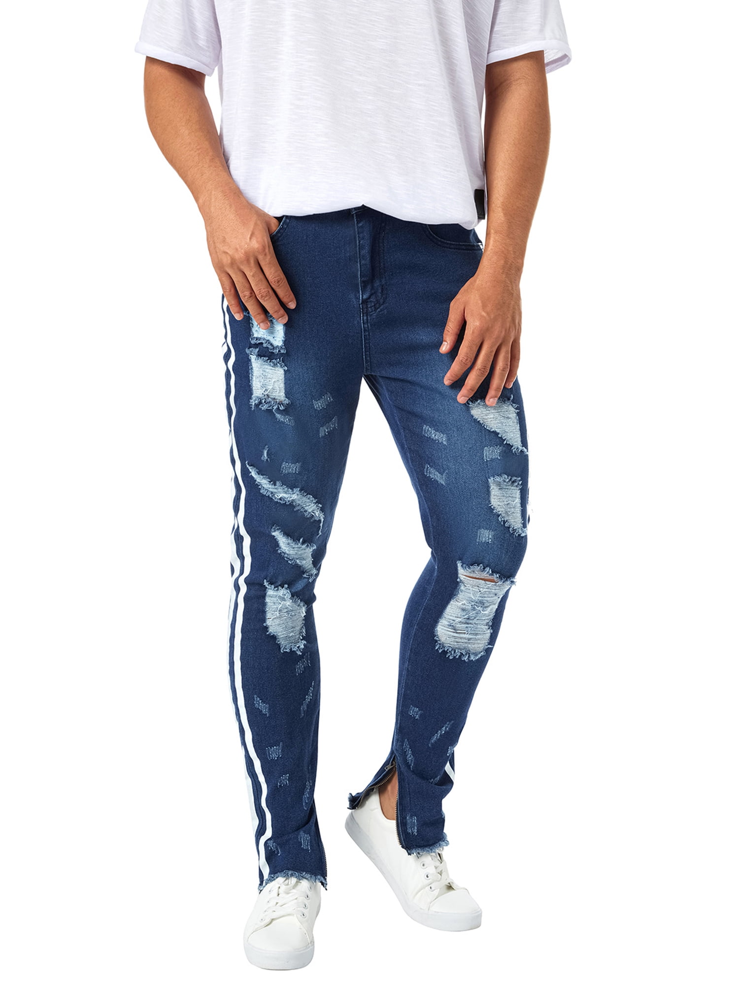 i mellemtiden Ampere forkorte Men's Slim Ragged Jeans Side Stripe Print Mid Waist Straight Denim Pants  Casual Pencil Trousers Plus Size - Walmart.com