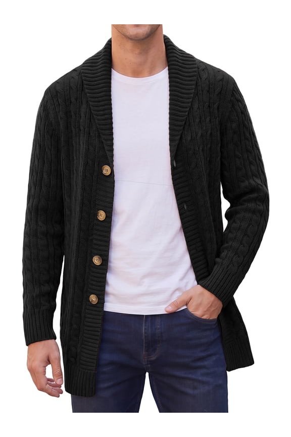 Men's Slim Shawl Collar Button Long Cable Knit Ribbed Sweaters Cardigan Outerwear L Black