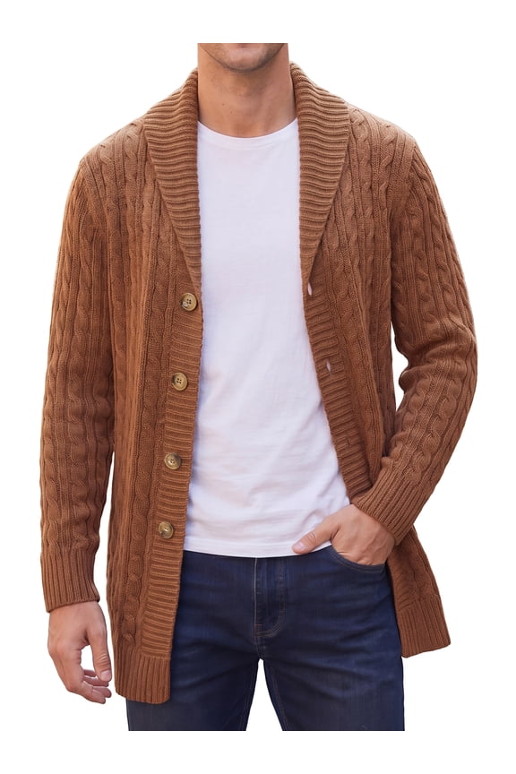 Men's Slim Shawl Collar Button Long Cable Knit Ribbed Sweaters Cardigan Outerwear XL Brown