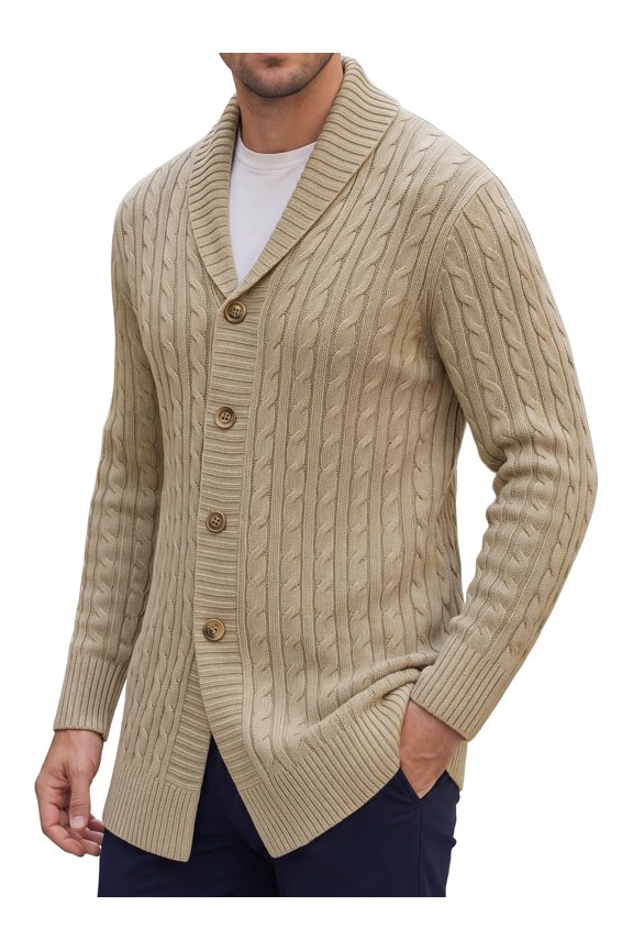 Men's Slim Shawl Collar Button Long Cable Knit Ribbed Sweaters Cardigan Outerwear XL Khaki
