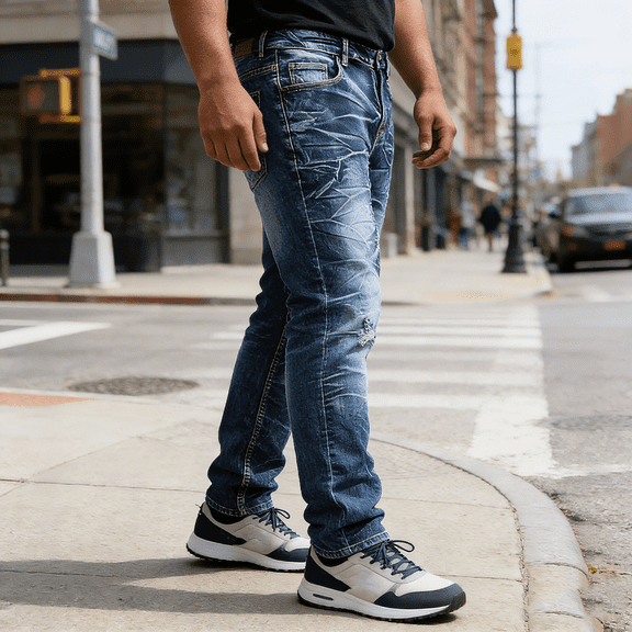 Men's Crinkled Wash Straight Leg Stretch Jeans: Distressed Denim | Comfort Flex Fabric, Standard Sizing (30-40)