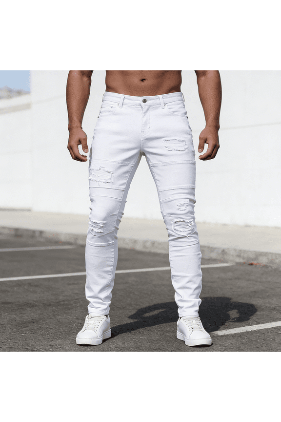 Men's White Distressed Skinny Stretch Jeans: Moto Panel Denim | Comfort Flex Fabric, Standard Sizing (30-40)