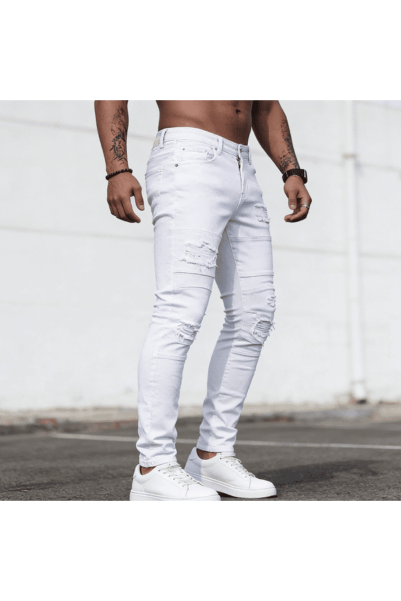 Men's White Distressed Skinny Stretch Jeans: Moto Panel Denim | Comfort Flex Fabric, Standard Sizing (30-40)