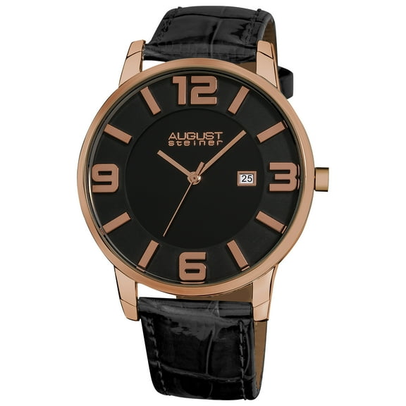 Men's Slim Swiss Quartz Date Leather Strap Rose-Tone Watch