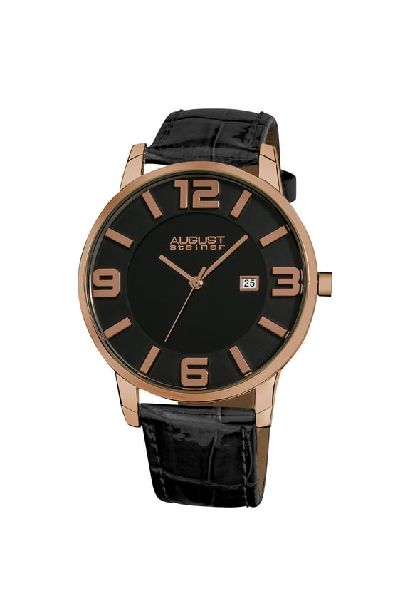 Men's Slim Swiss Quartz Date Leather Strap Rose-Tone Watch